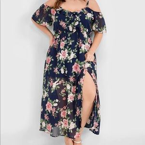 BLOOMCHIC Floral Flutter Split Cold Shoulder  Maxi Dress 1X 14-16